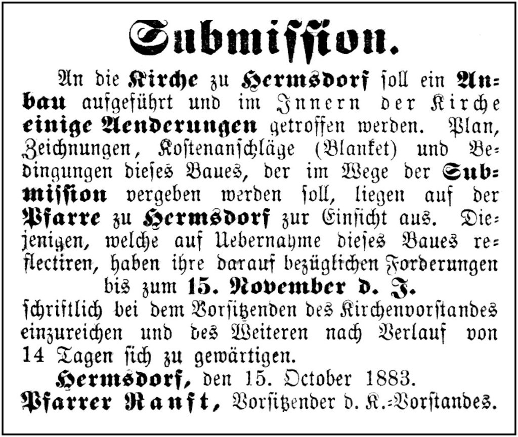 1883-10-15 Hdf Kirche Ausschreibung Umbau